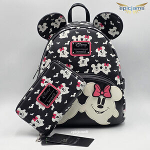 Loungefly Disney Mickey & Minnie Ghostly Glow-in-the-Dark Mini Backpack Set New